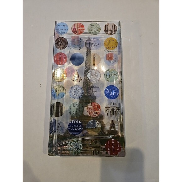 clear glass vase with a collage of images and text related to Paris and the... - Picture 3 of 5